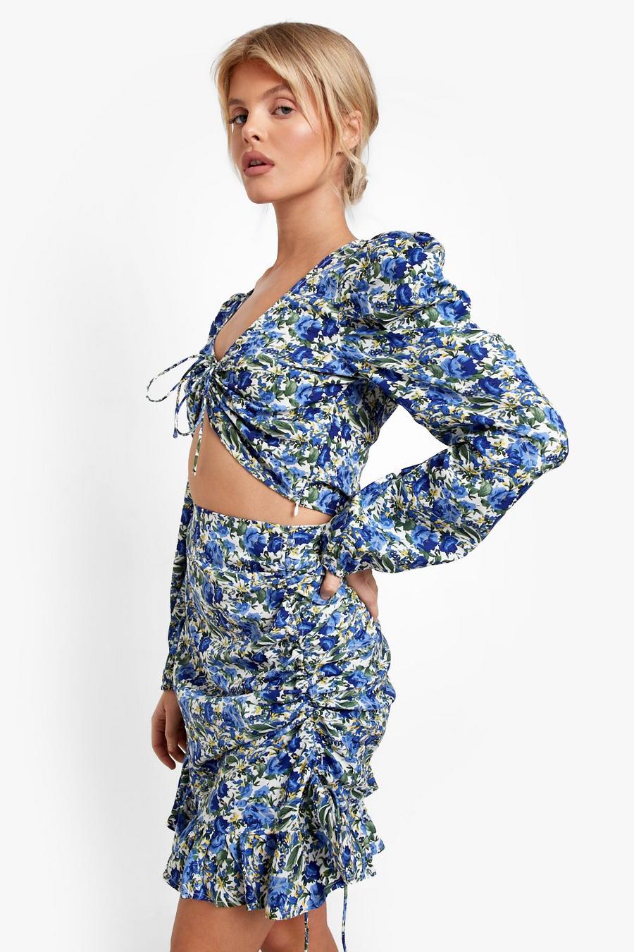 Blue Floral Ruched Crop & Mini Skirt