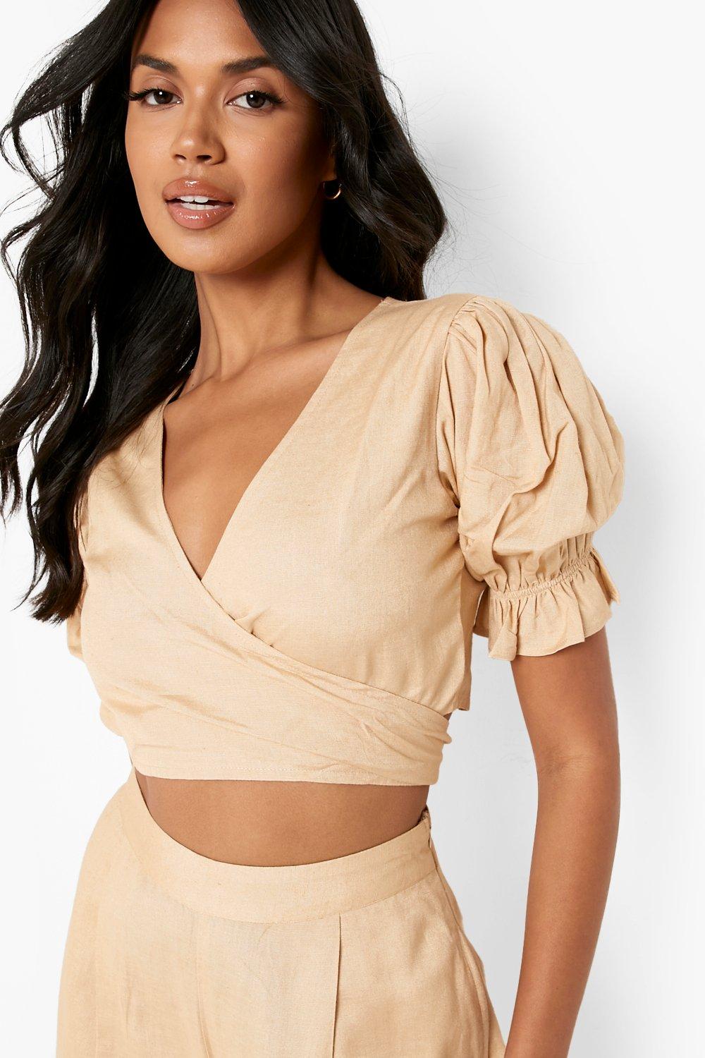 Linen Wrap Crop Top | boohoo