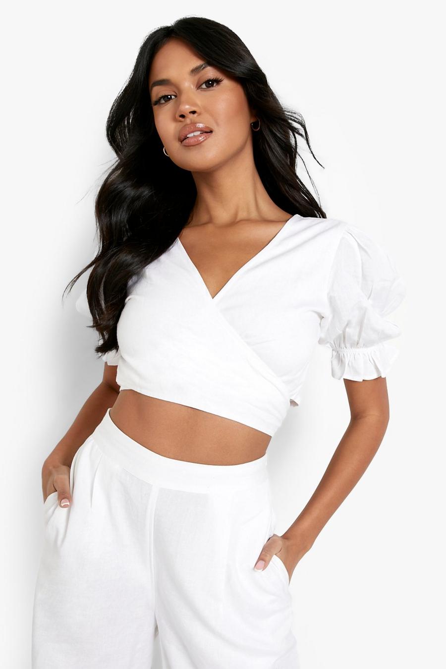 White Linen Wrap Crop Top image number 1