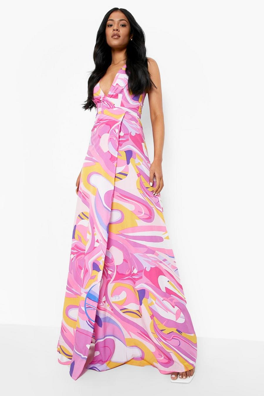 Pink Tall Abstract Marble Wrap Tie Maxi Dress image number 1