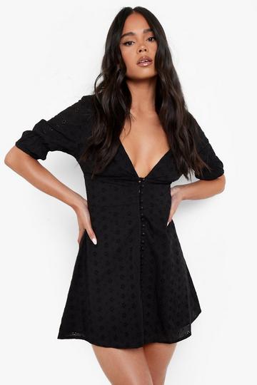 Petite Broderie Puff Sleeve Mini Dress black