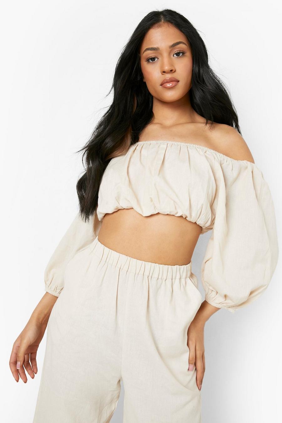 Stone Tall Cotton Puff Sleeve Bardot Crop Top image number 1
