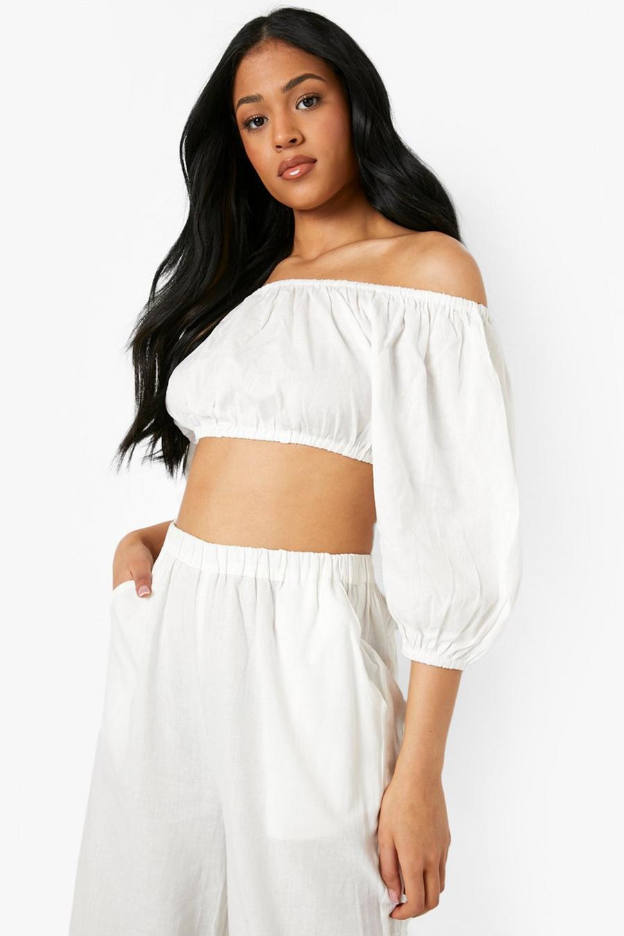 White Tall Cotton Puff Sleeve Bardot Crop Top image number 1