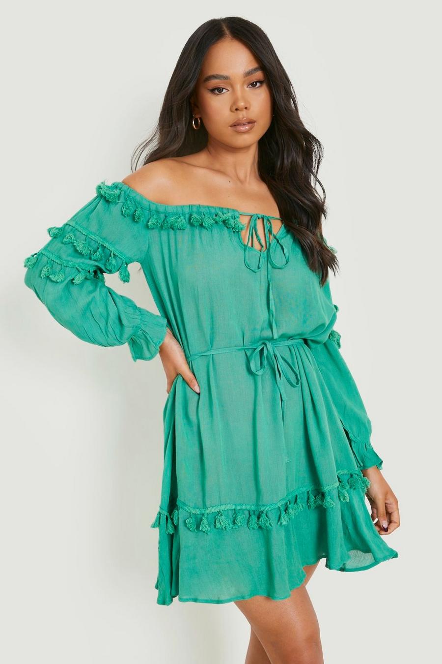 Green Petite Cheesecloth Tassel Skater Dress image number 1