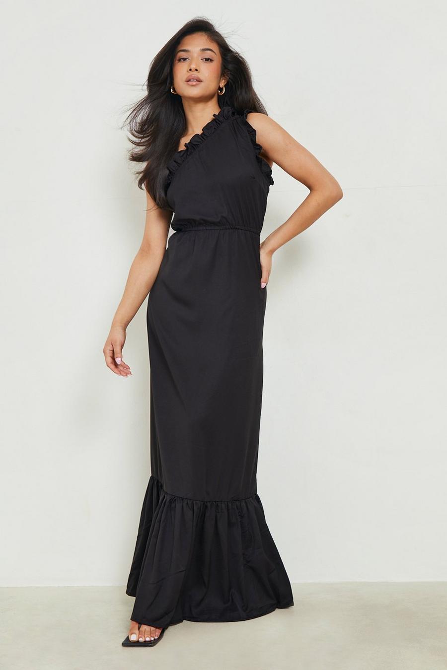 Black Petite Frill One Shoulder Tiered Maxi Dress image number 1