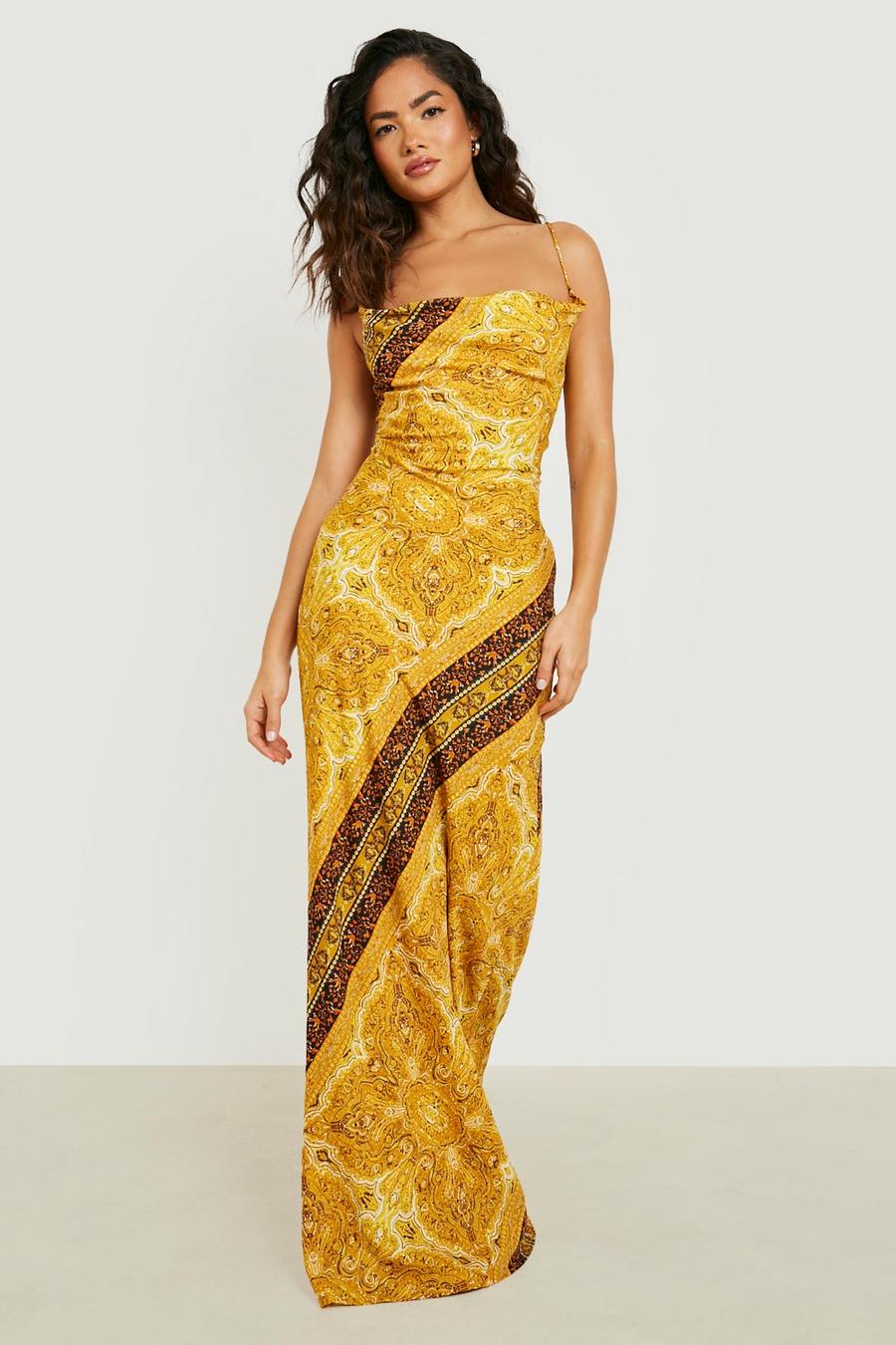 Slip-Kleid mit Wasserfallausschnitt und Paisley-Print, Mustard yellow