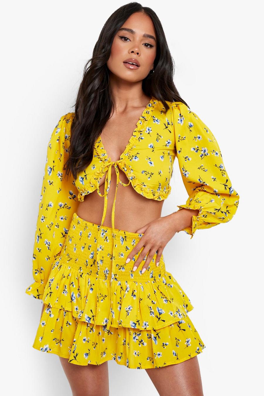 Yellow Petite Shirred Ditsy Two-Piece image number 1