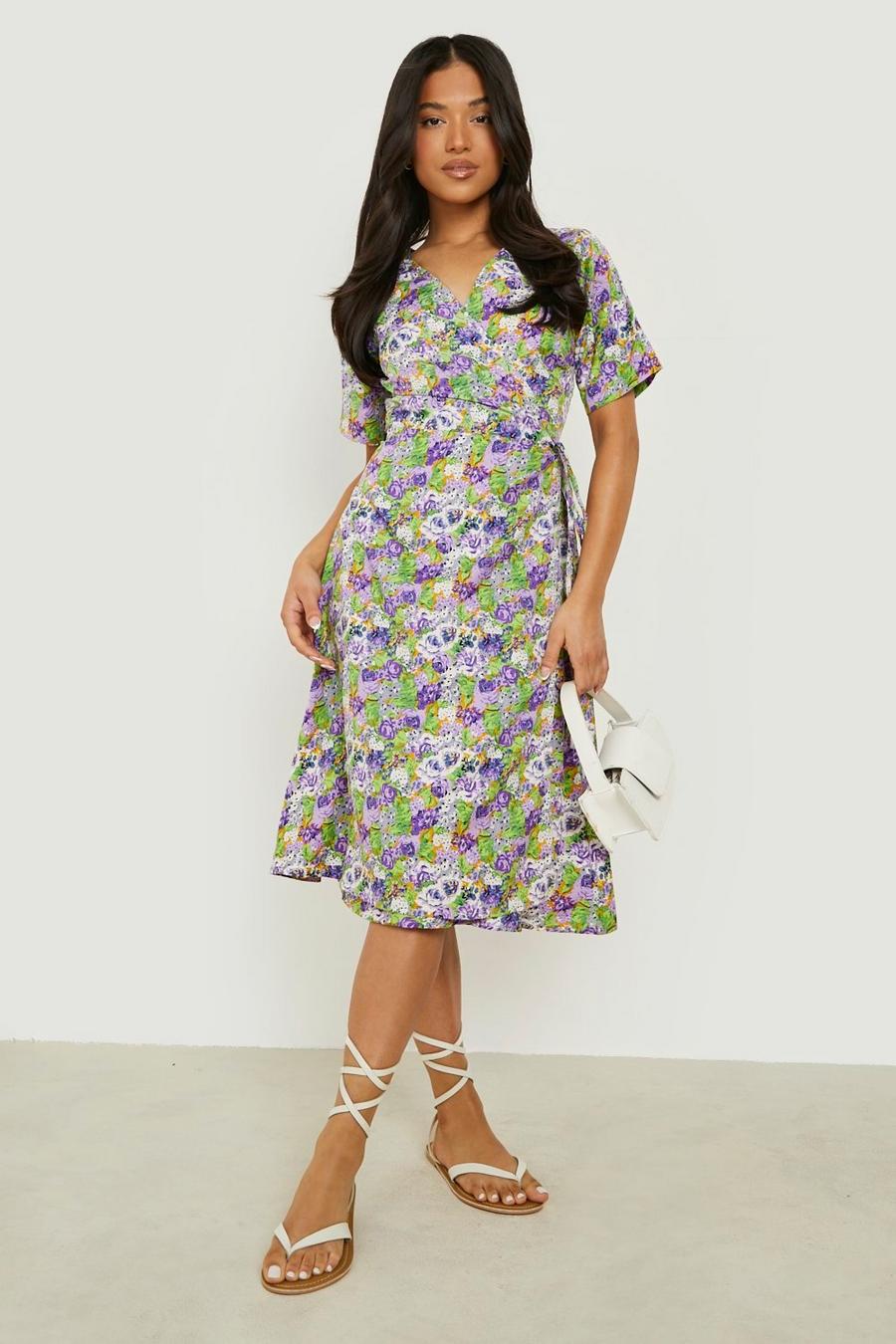 Lilac Petite Mixed Floral Wrap Midi Dress image number 1