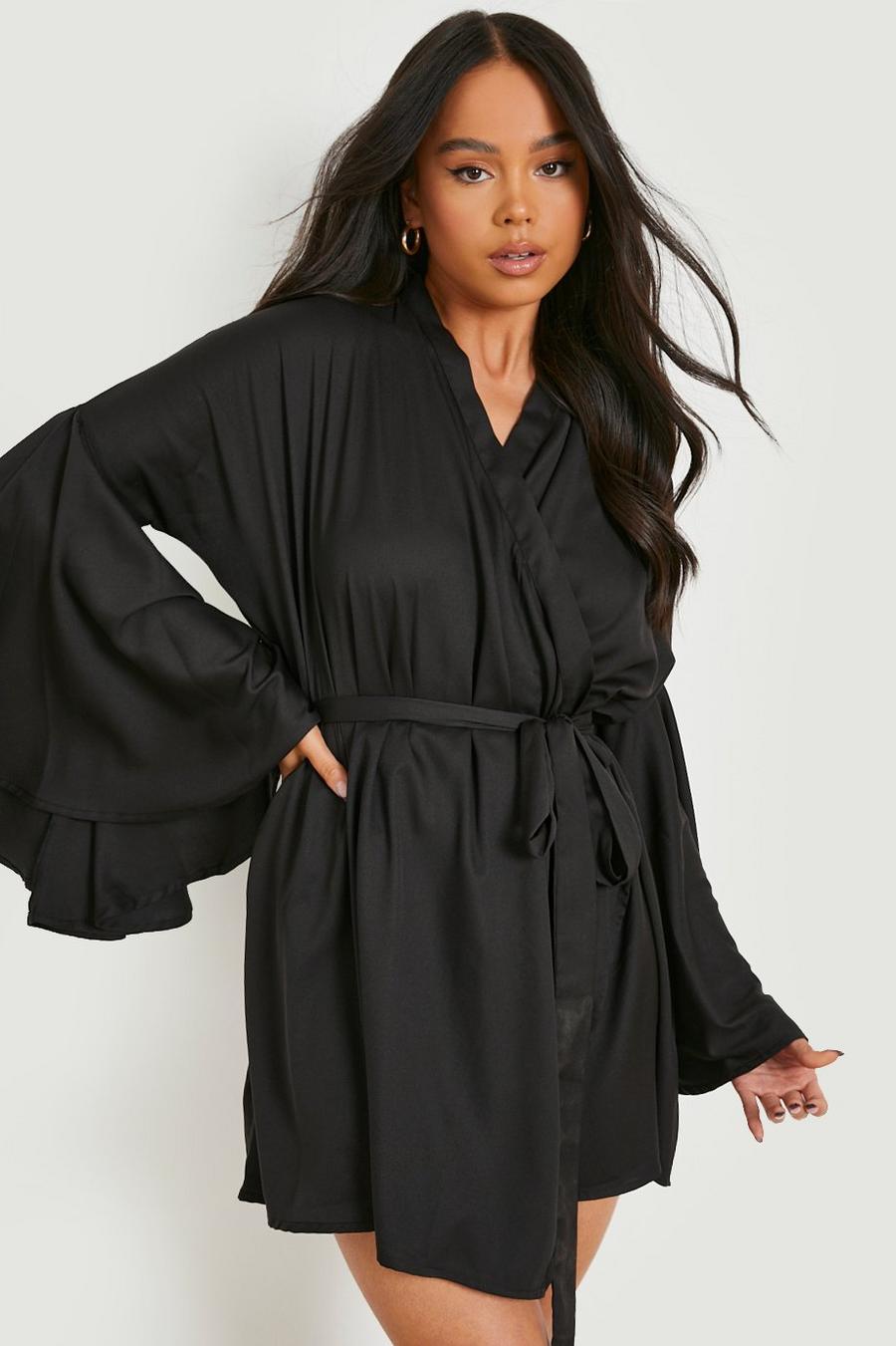 Black Petite Flare Sleeve Mini Wrap Dress image number 1