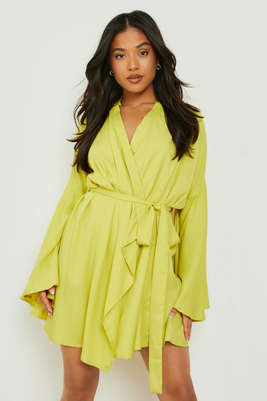 Lime Petite Flare Sleeve Mini Wrap Dress image number 1
