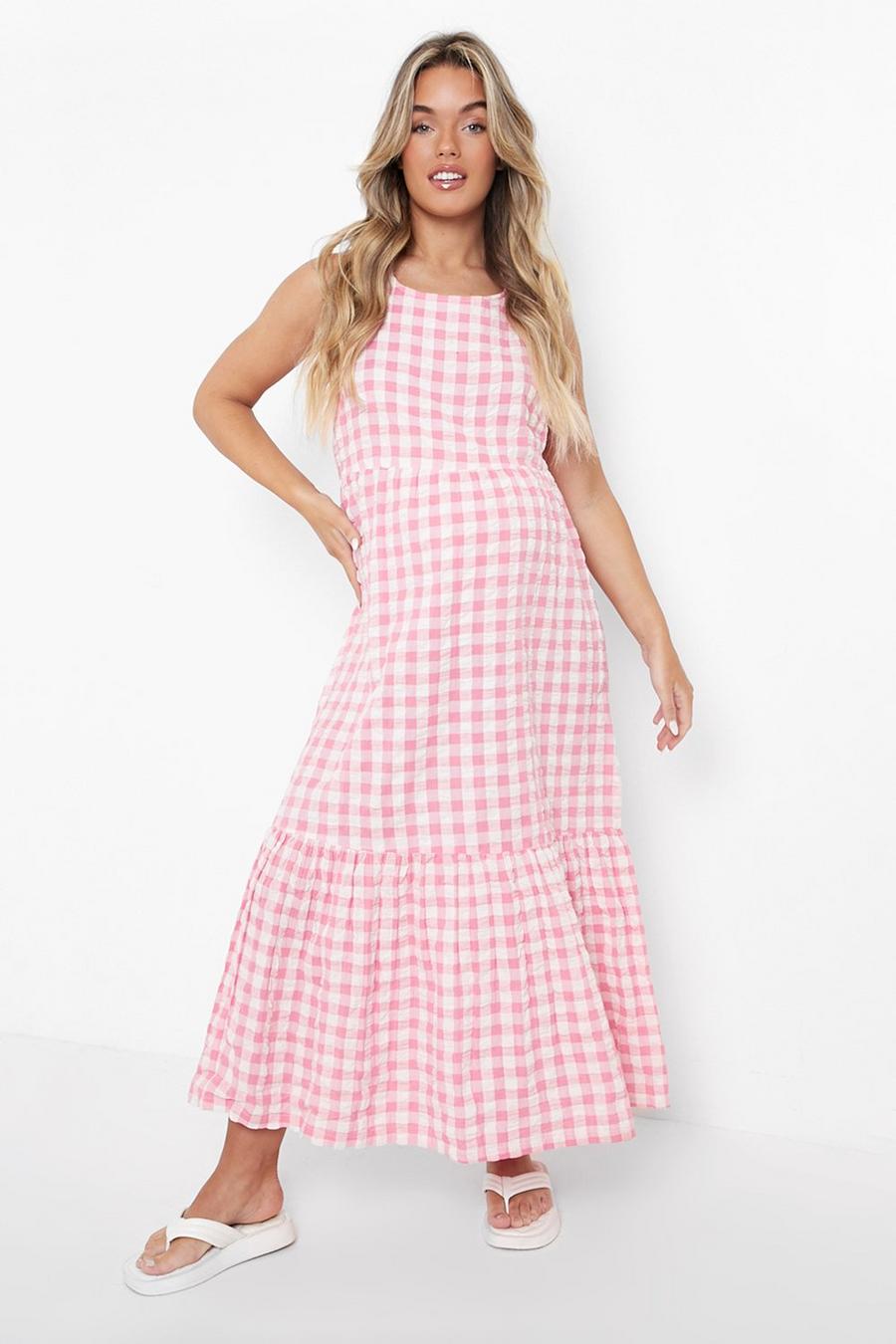 Pink Maternity Gingham Smock Maxi Dress image number 1