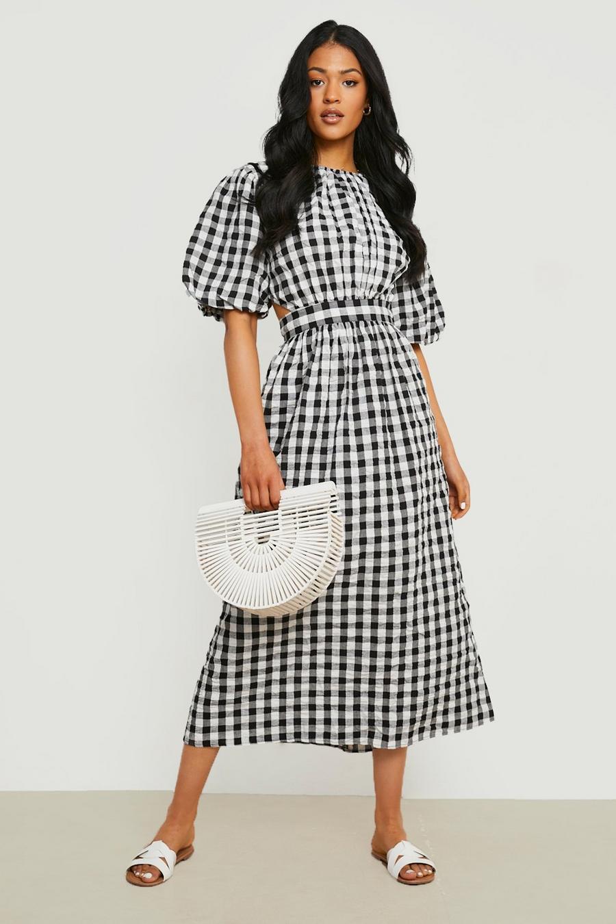Black Tall Gingham Open Back Puff Sleeve Maxi Dress image number 1