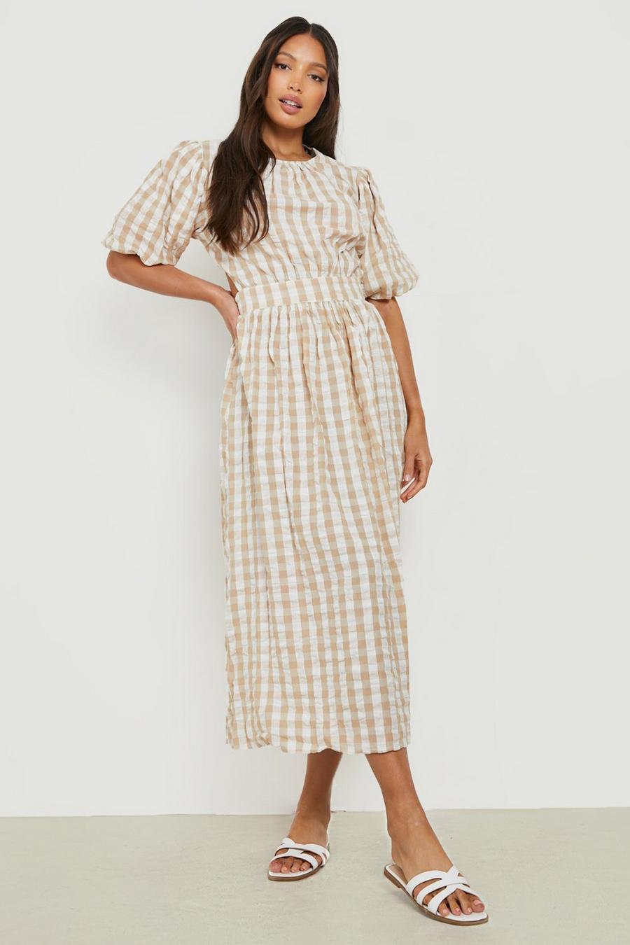 Stone Tall Gingham Open Back Puff Sleeve Maxi Dress image number 1