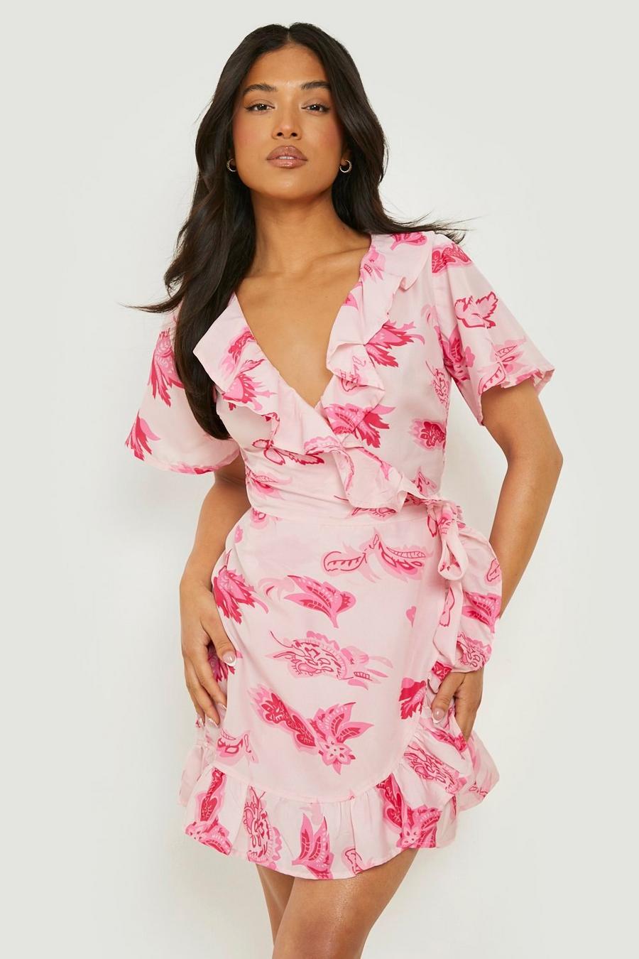 Baby pink Petite Floral Ruffle Wrap Mini Dress image number 1