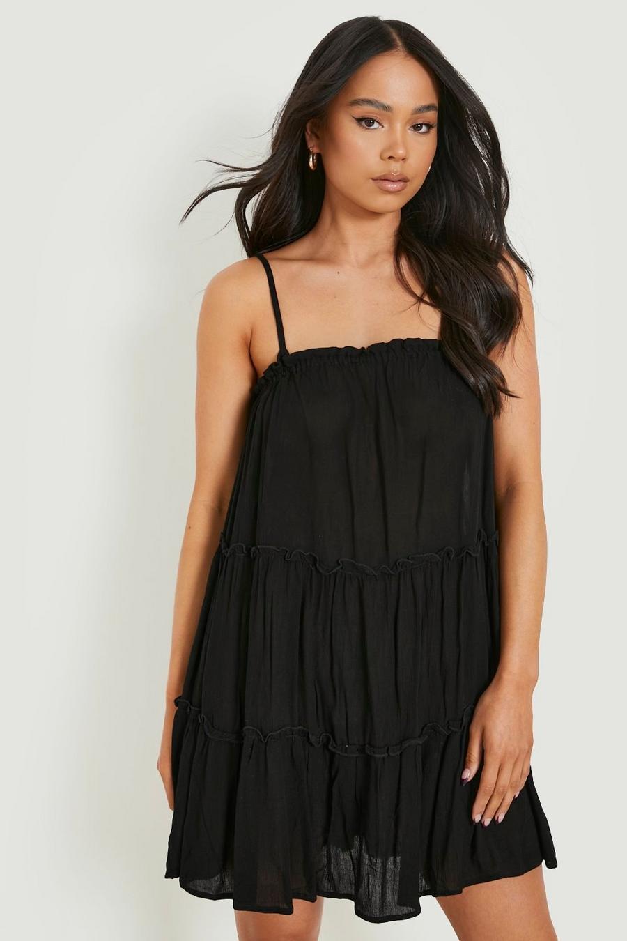Black Petite Cheesecloth Ruffle Detail Swing Dress image number 1