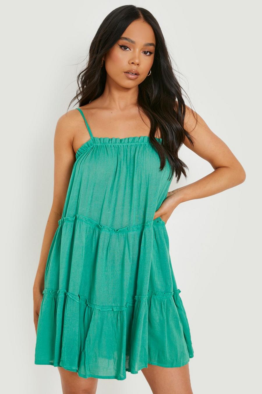 Green Petite Cheesecloth Ruffle Detail Swing Dress image number 1