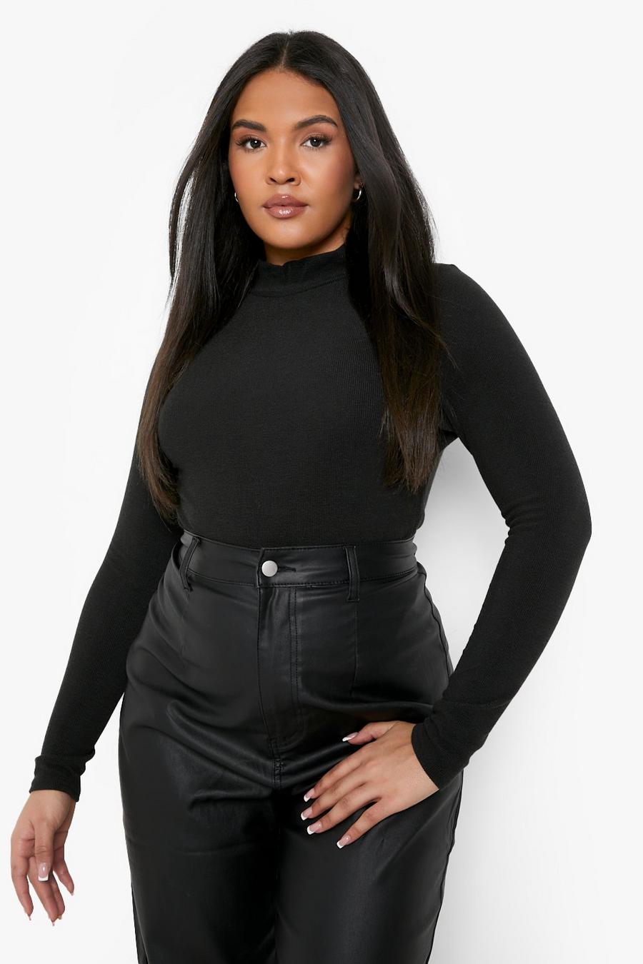 Black noir Plus Long Sleeve High Neck Knitted Bodysuit