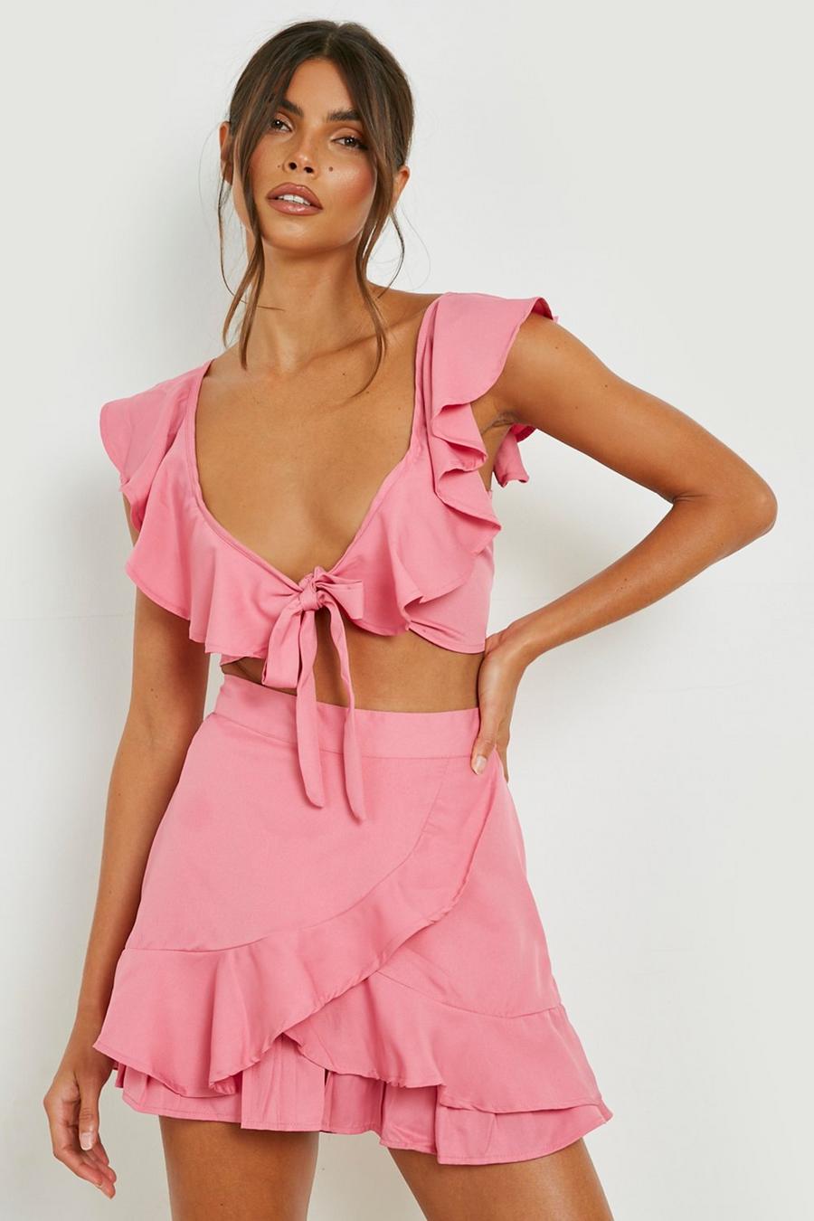 Pink Tie Crop & Ruffle Shorts image number 1