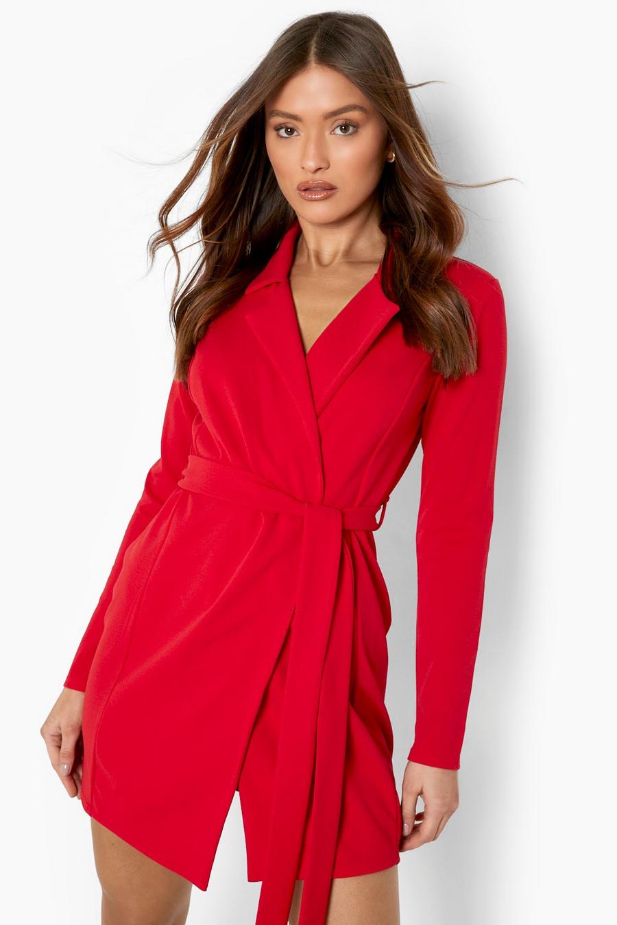 Red Wrap Belted Blazer Dress