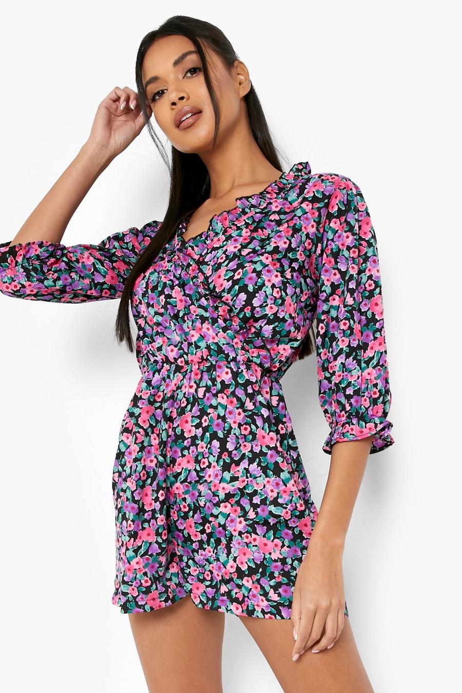 Black negro Floral Puff Sleeve Wrap Playsuit