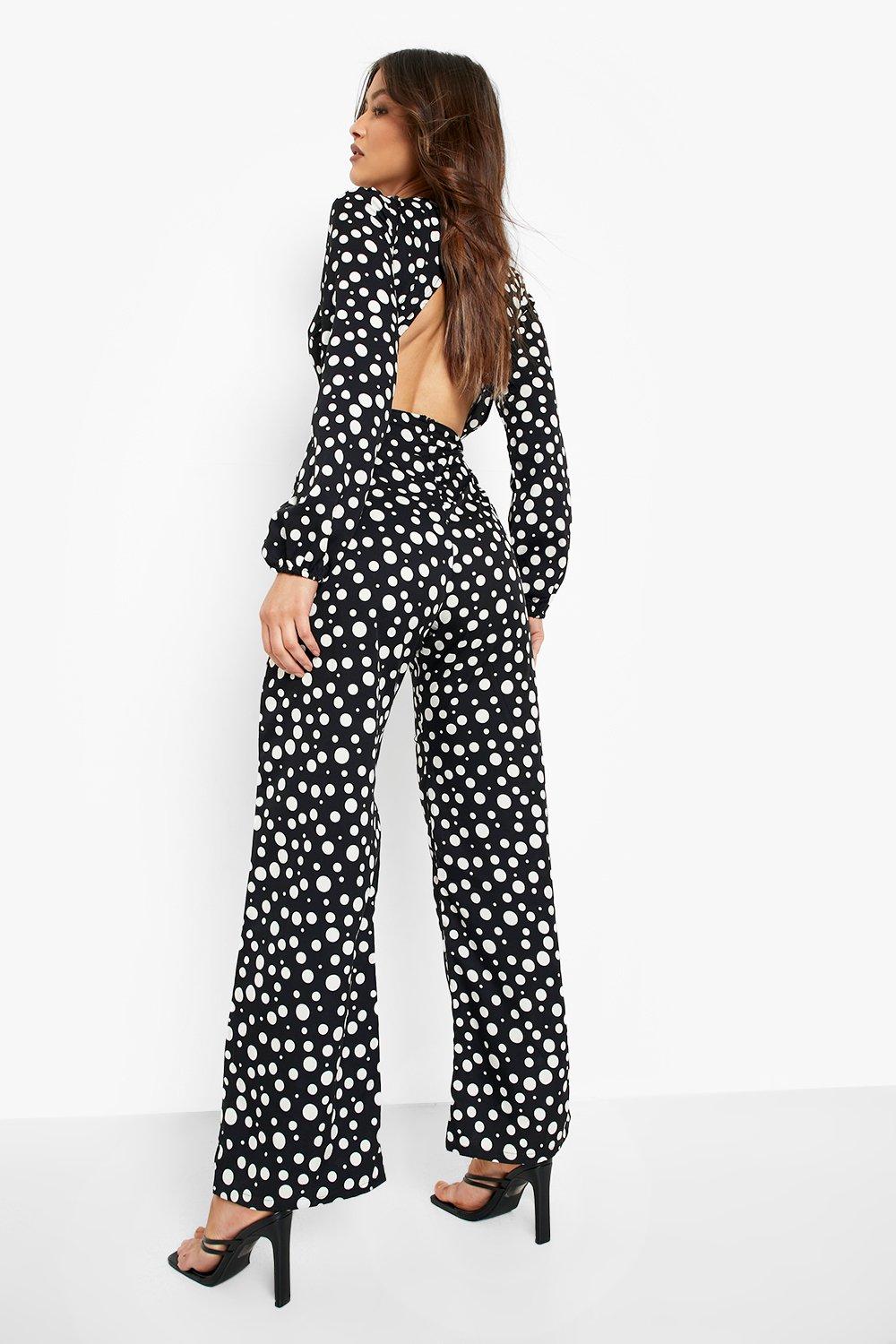 Polka Dot Open Back Wide Leg Jumpsuit