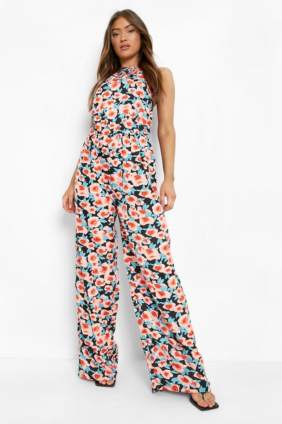 Pink rosa Floral Strappy Wide Leg Jumpsuit