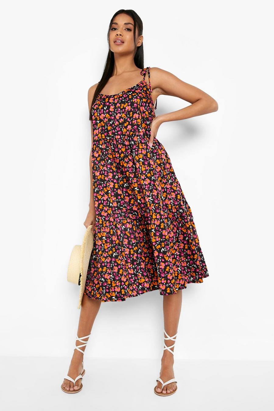 Black Floral Strappy Midi Swing Dress image number 1