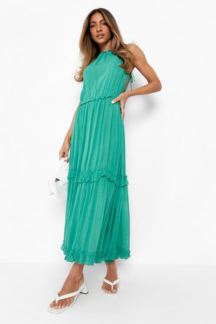 Green Cheesecloth Tiered Strappy Maxi Dress image number 1