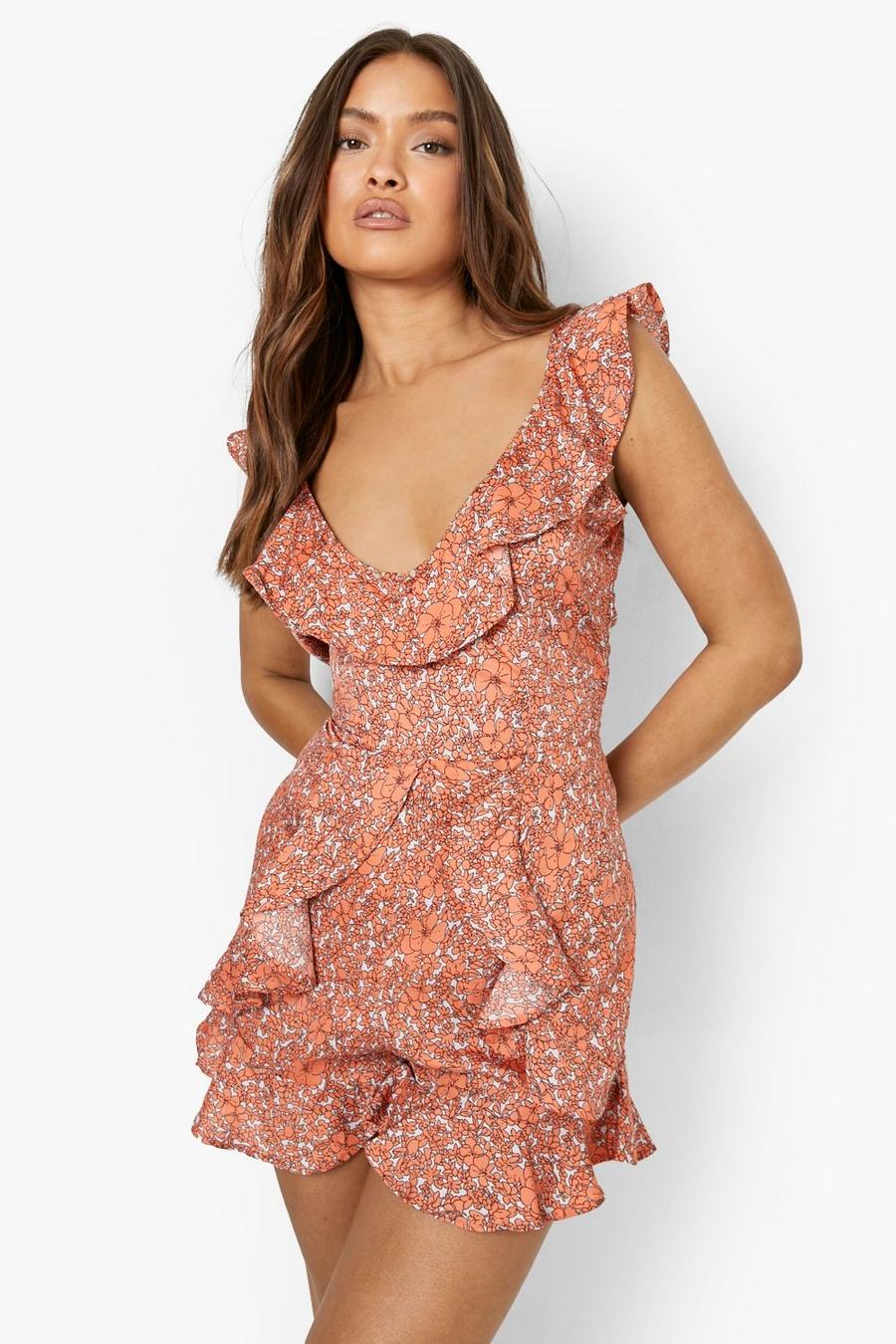 Coral rosa Floral Ruffle Detail Playsuit