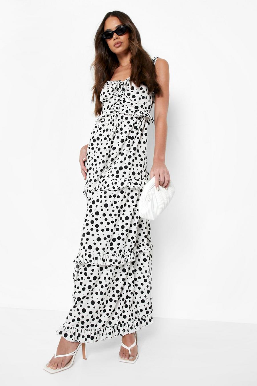 Ivory Polka Dot Tiered Frill Maxi Dress image number 1
