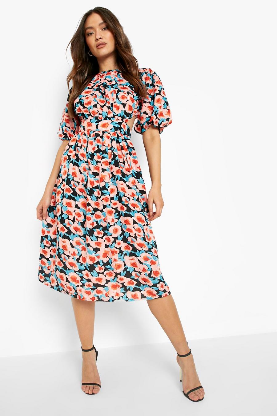 Pink Floral Open Back Puff Sleeve Midi Dress