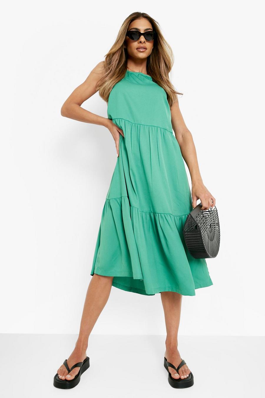 Green Cross Back Tiered Midi Dress image number 1