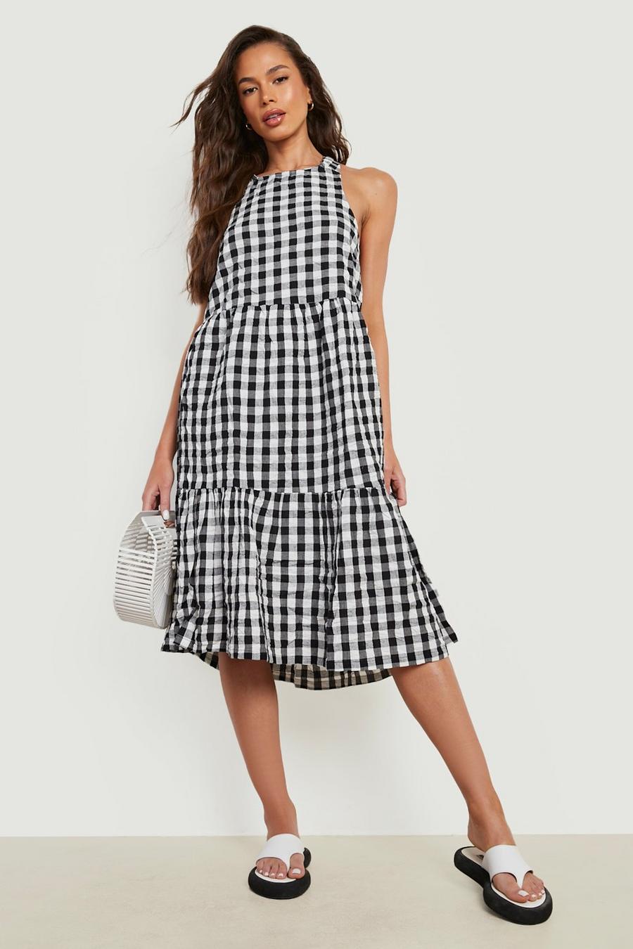 Black Textured Gingham Tiered Open Back Midi Dress