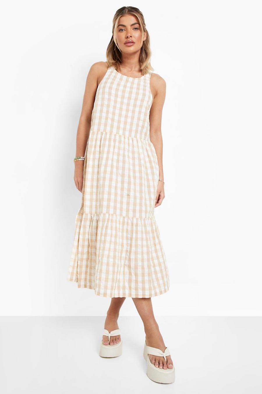 Stone Textured Gingham Tiered Open Back Midi Dress image number 1