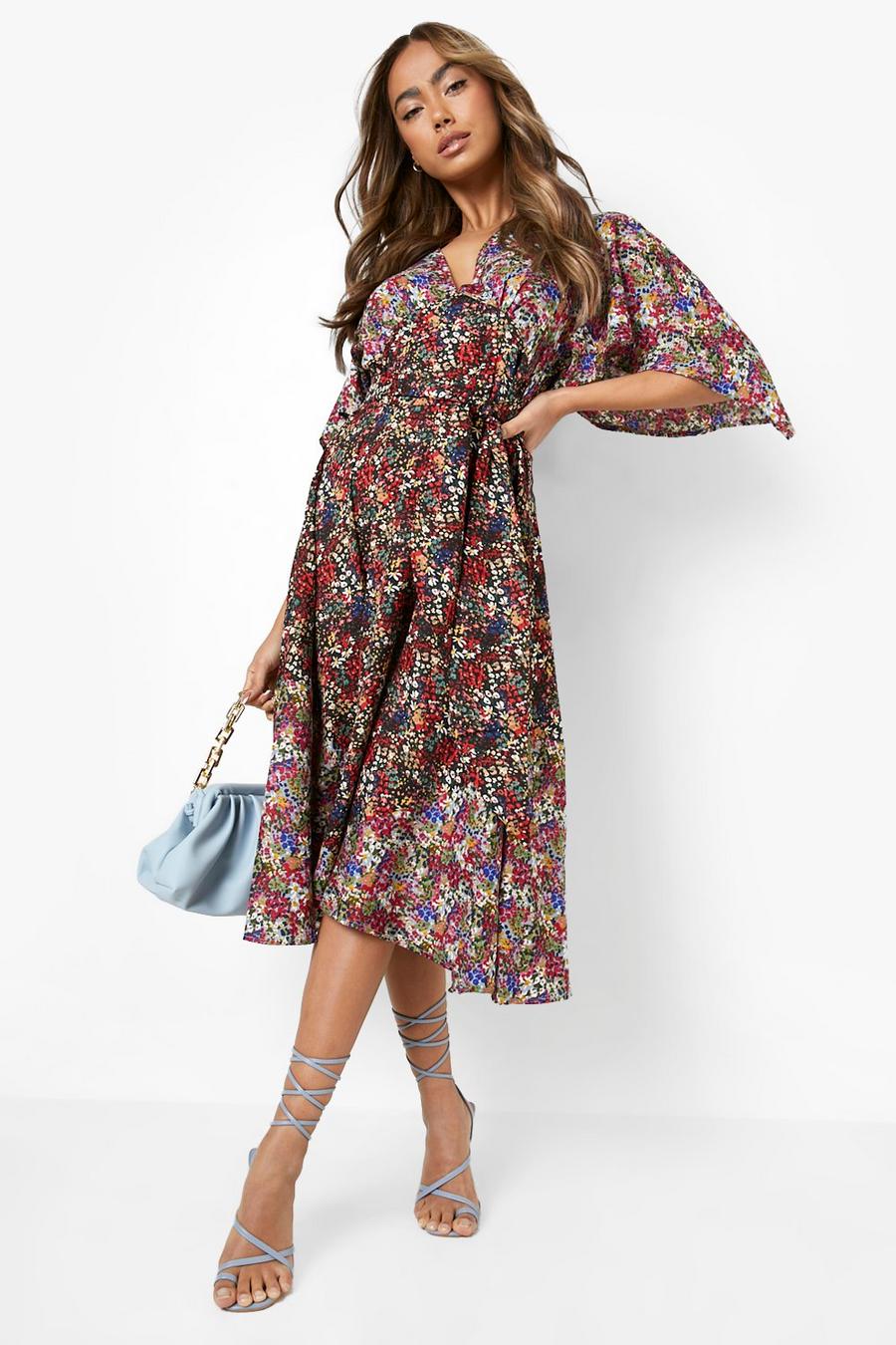 Purple Mixed Floral Panelled Midi Dress image number 1