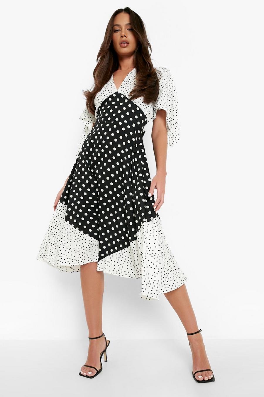 Black Mixed Polka Dot Panelled Midi Dress image number 1