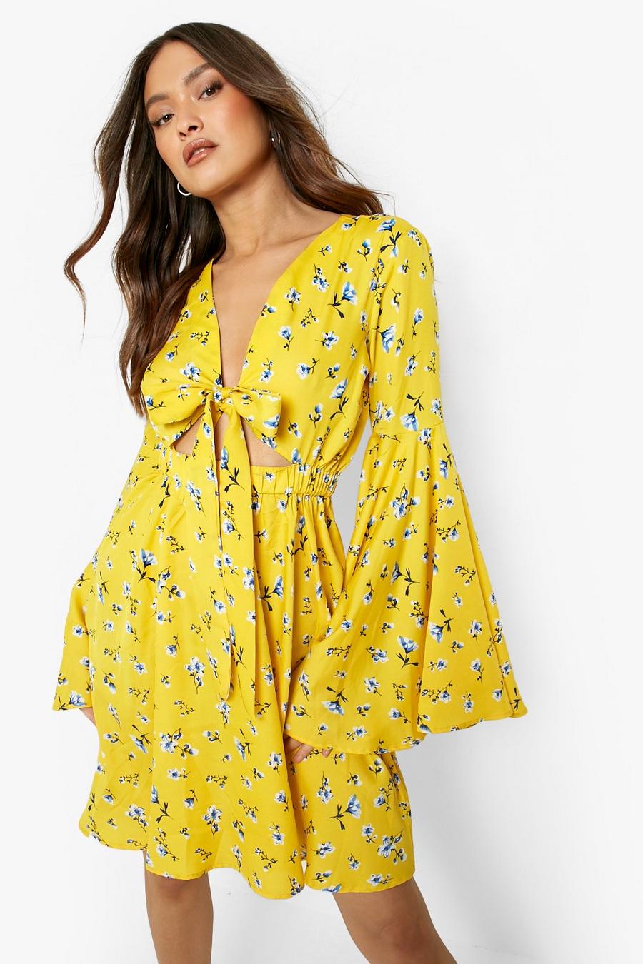 Yellow Blommig skaterklänning med utsvängd ärm image number 1