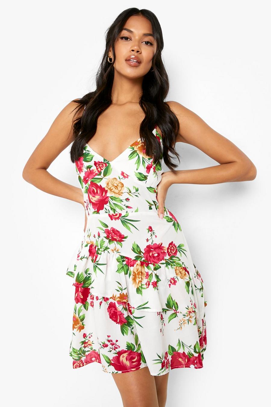 Ivory white Floral Strappy Ruffle Skater Dress