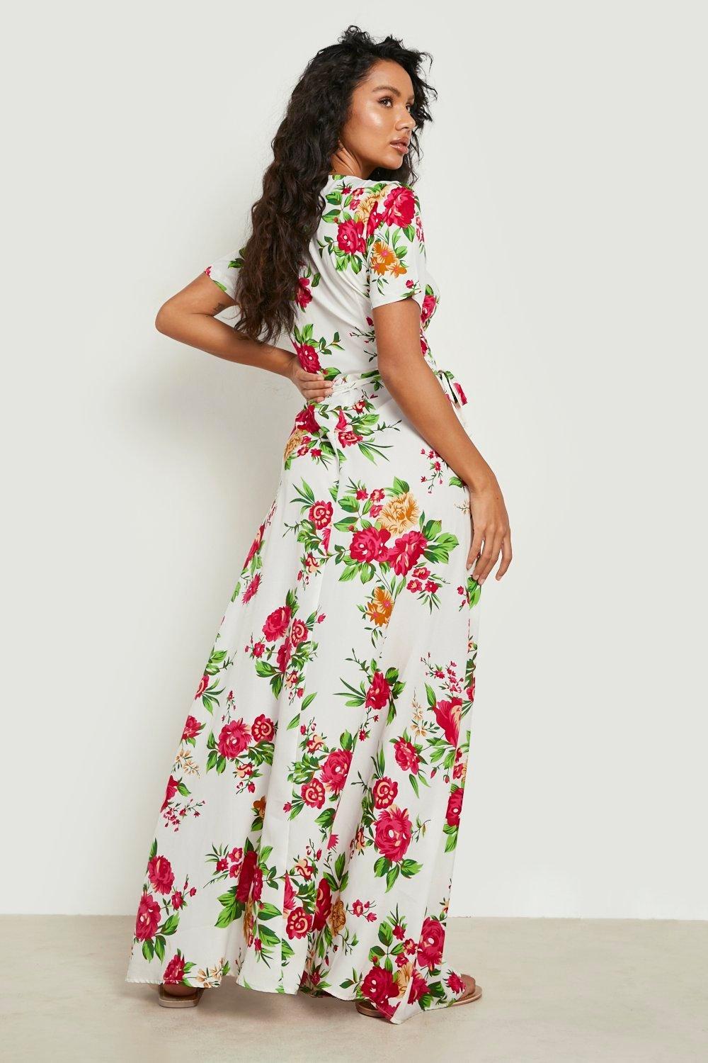 Robe longue croisee a imprime fleuri boohoo FR