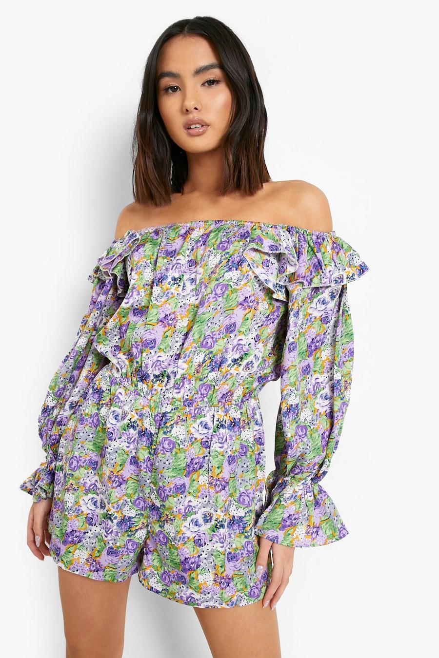 Purple lila Floral Ruffle Detail Playsuit image number 1