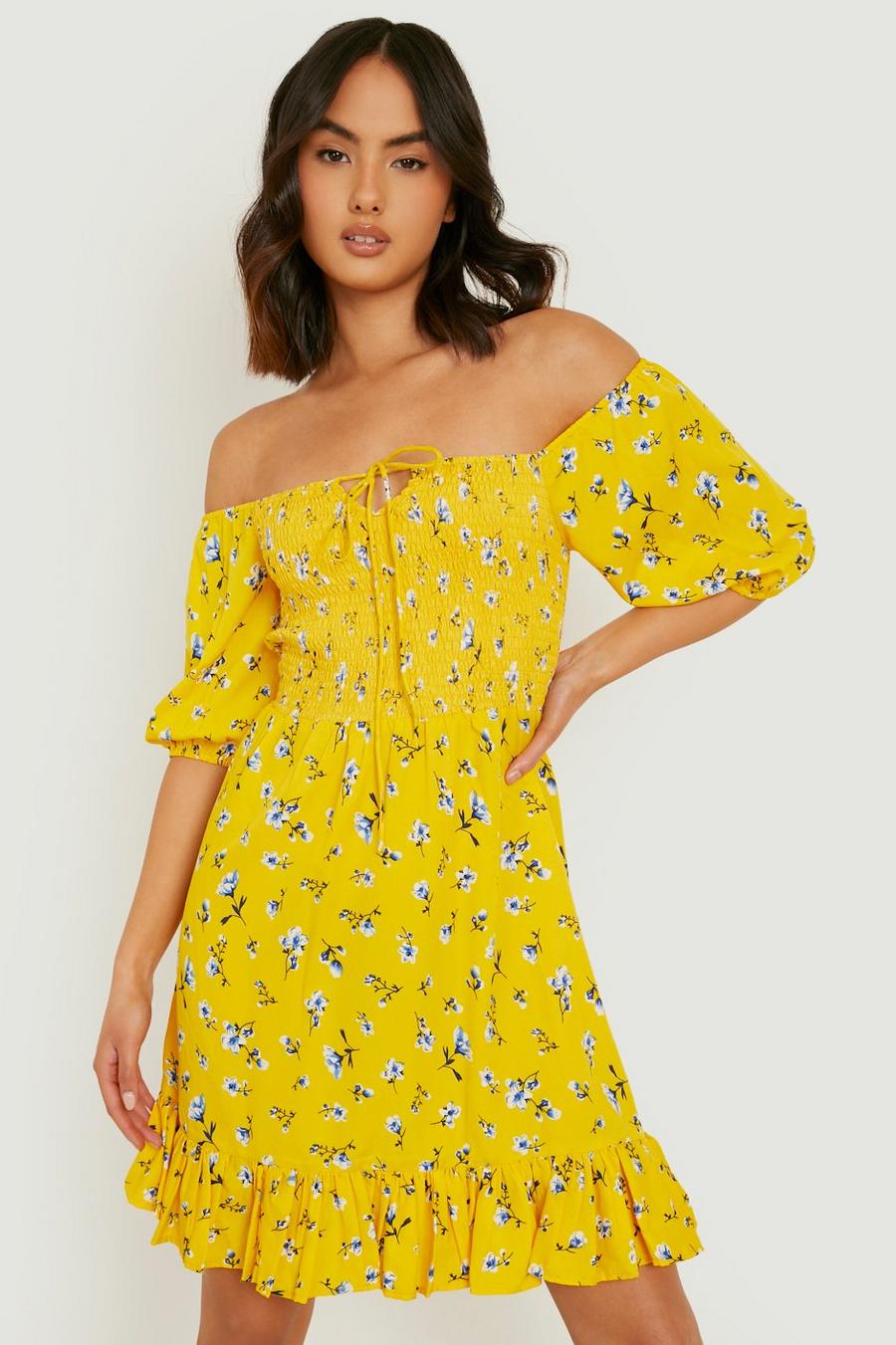 Yellow Floral Shirred Frill Hem Smock Dress image number 1
