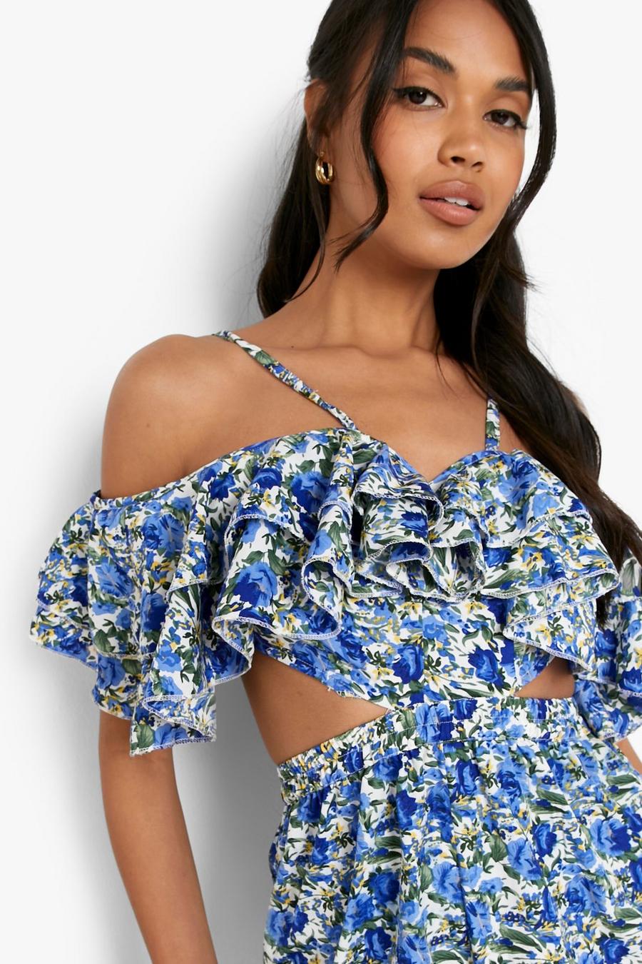 Blue Floral Ruffle Plunge Playsuit image number 1