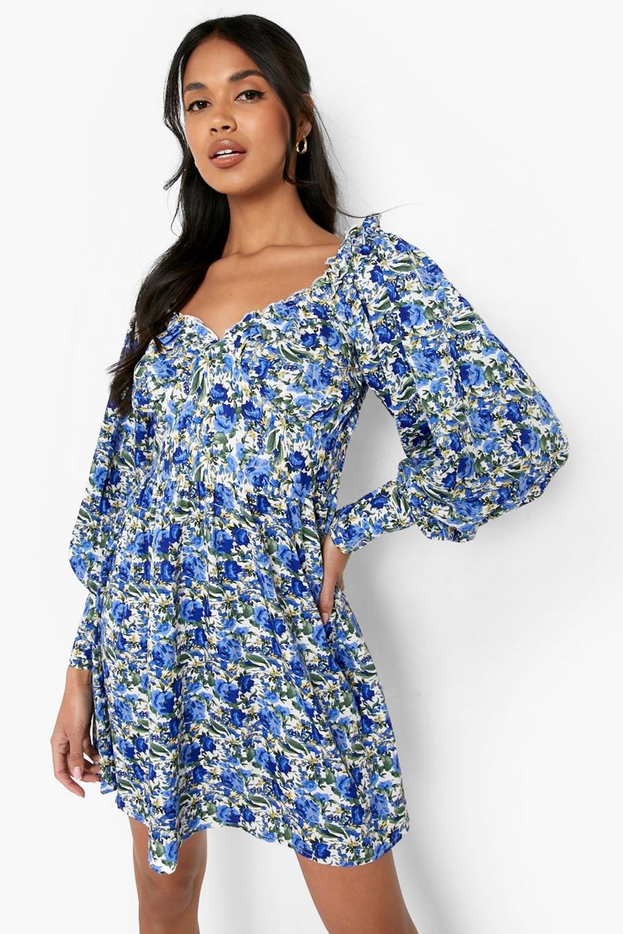 Blue Floral Shirred Blouson Sleeve Smock Dress image number 1