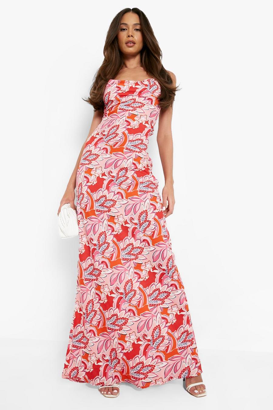 Hot pink Scarf Print Strappy Cowl Neck Maxi Dress image number 1
