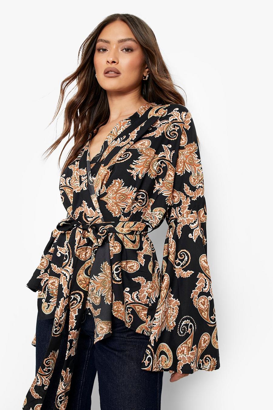 Black Paisley Print Flare Sleeve Wrap Top image number 1