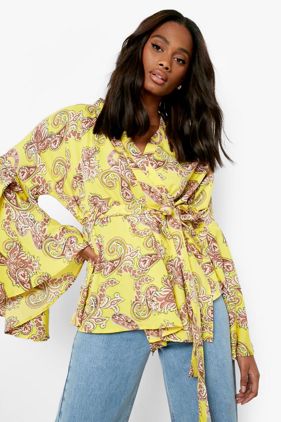 Yellow Paisley Print Flare Sleeve Wrap Top image number 1