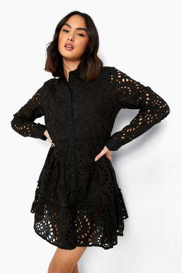 Broderie Tiered Shirt Dress black