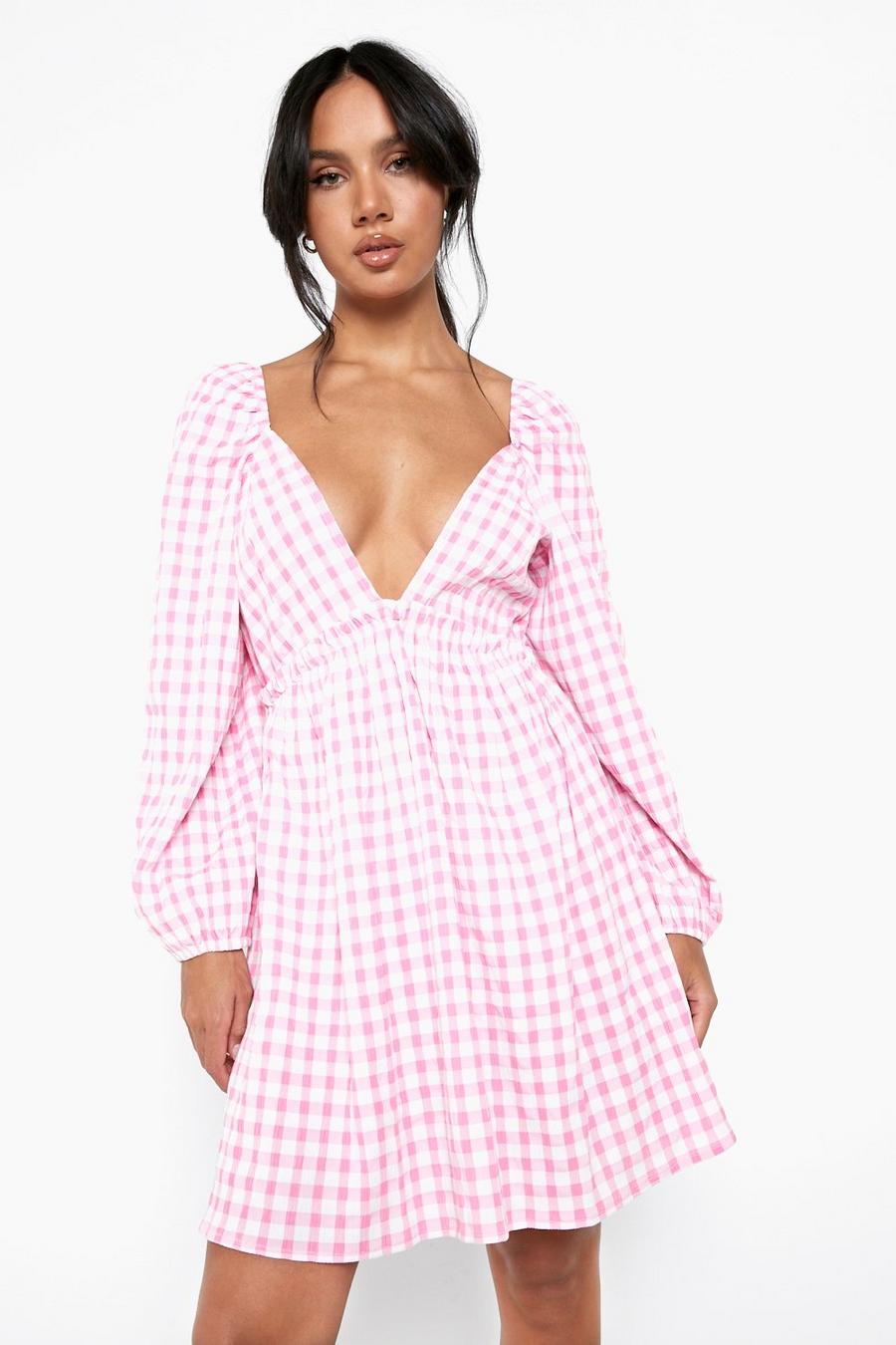 Hot pink Textured Gingham Plunge Babydoll Smock Dress