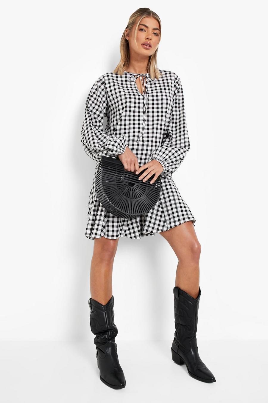 Black Godet Detail Gingham Shift Dress image number 1