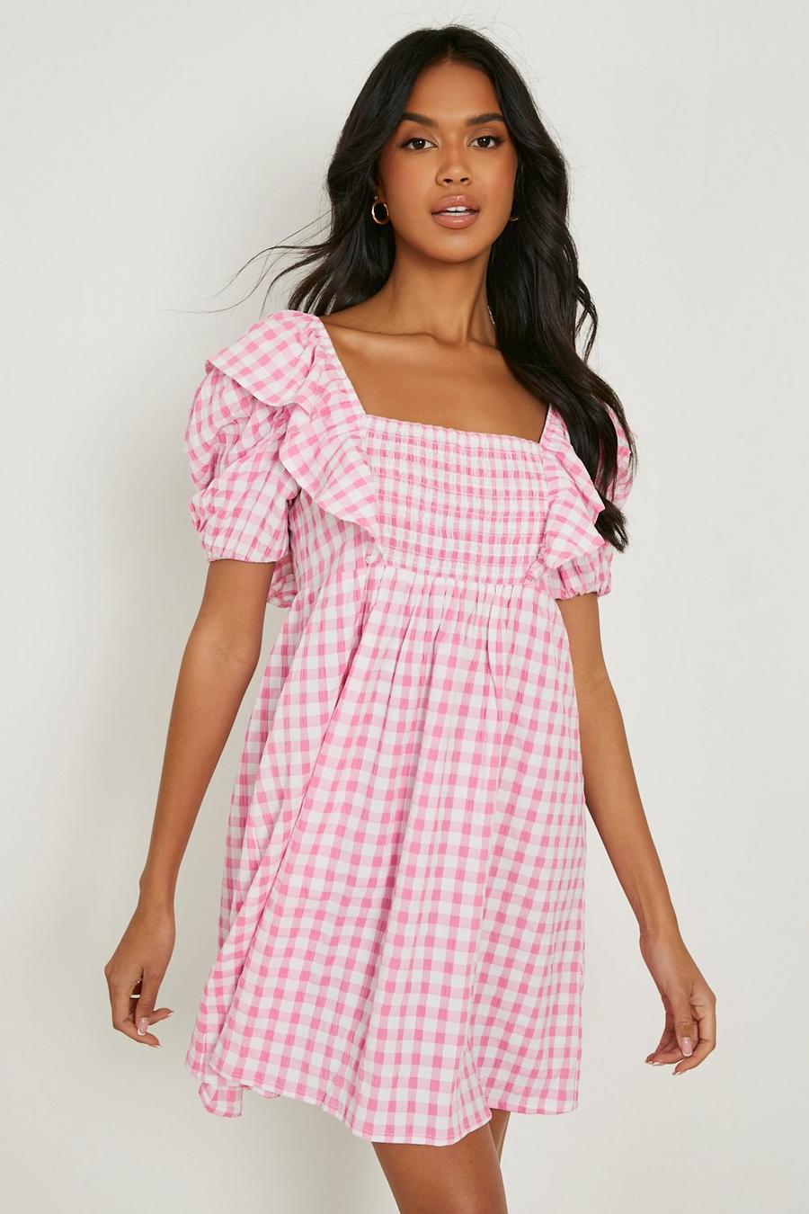Hot pink Textured Ginghams Ruffle Shirred Smock Dress image number 1